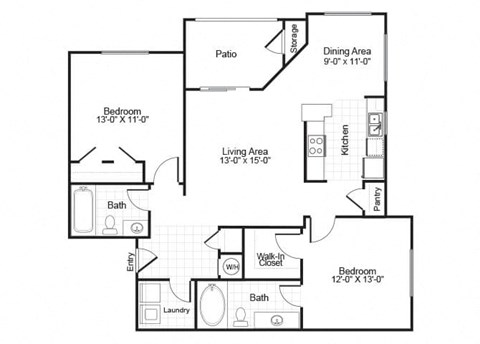two bedroom two bathroom floor plan image